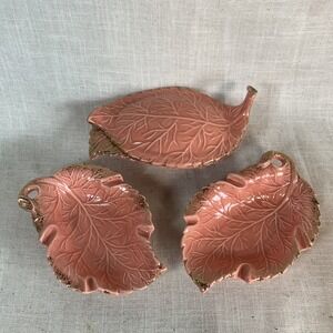 Vtg Set of 4 Pink Coral Leaf Ashtrays Bowl Lid Gold Trim California Pottery #738